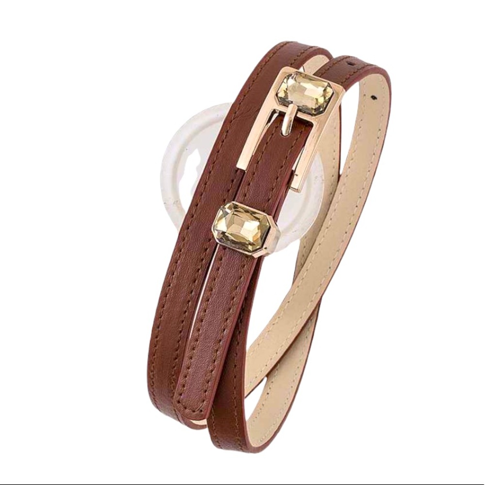 Brown Leather Bejeweled Skinny Statement Belt